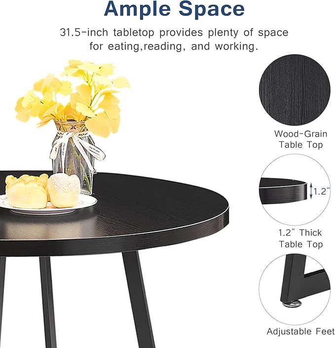 VECELO Small Round Dining Table Set for 2, Heavy-Duty Metal Frame & Upholstered Chair for Breakfast Nook, Kitchen, and Small Space, Black