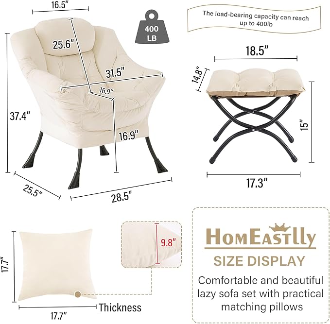 Lazy Chair with Ottoman, Modern Lounge Accent Chair with Armrests and a Throw Pillow, Leisure Sofa Chair Set, Reading Chair with Footrest for Living Room, Bedroom, Office, Velvet Ivory