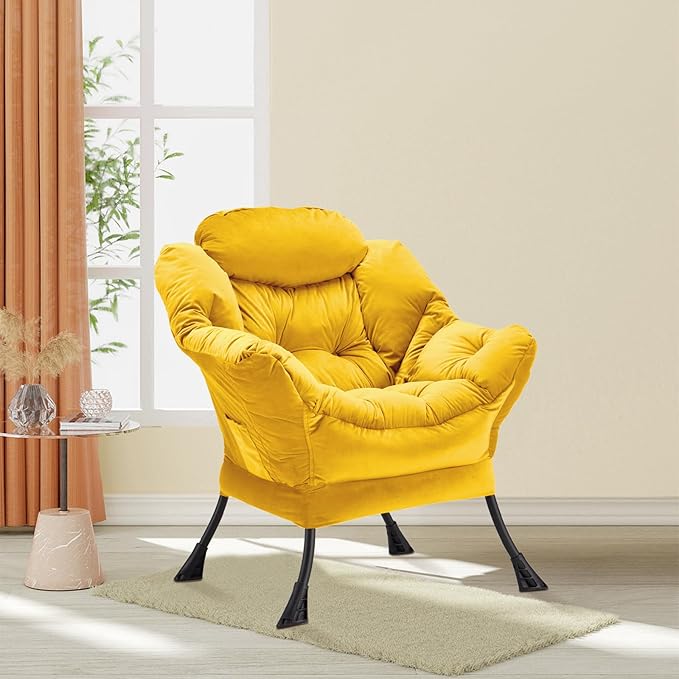 Lazy Chair Thick Padded, Comfy Velvet Accent Lounge Chair with Stable Frame, Leisure Sofa Armchair with Armrests and Side Pocket, Reading Chair for Bedroom, Living Room, Office, Yellow