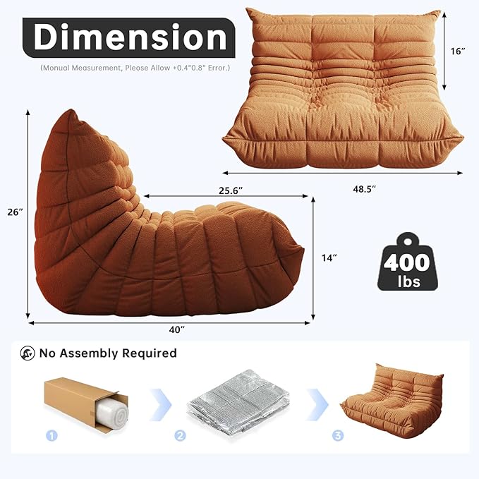Bean Bag Chairs for Adults, Memory Foam Couch Loveseat Sofa Chair, Soft Teddy Material Cozy Comfy Reading Nook Chairs, Floor Chair for Living Room Bedroom Office(Orange)