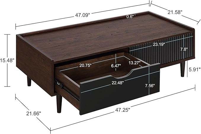 Manhattan Comfort Duane Mid Century Modern Coffee Table with Drawer & Cubby Shelf, Living Room Furniture with Ribbed Flat Design, Wood Grain Laminate Finish & Durable Iron Metal Feet, Black