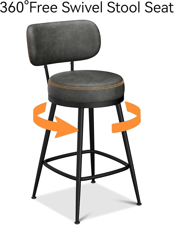 Counter Height Bar Stools, 26" H Swivel Barstools Set of 2, Faux Leather Kitchen Counter Stools with Back and Stylish Stitching, Metal Frame, Pub, Home Bar, Black Grey