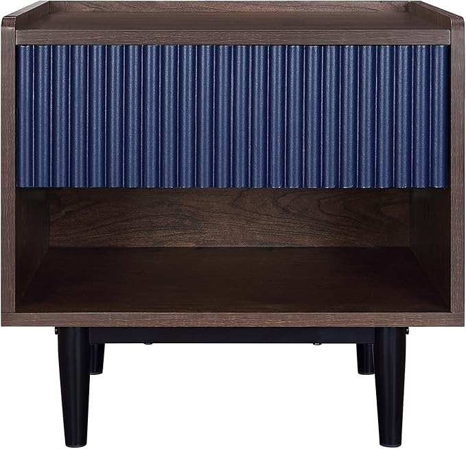 Manhattan Comfort Duane Modern Ribbed Nightstand, Bedside Table with Full Extension Drawer and Open Shelf, Industrial Chic Living Room and Bedroom Furniture, Navy Blue