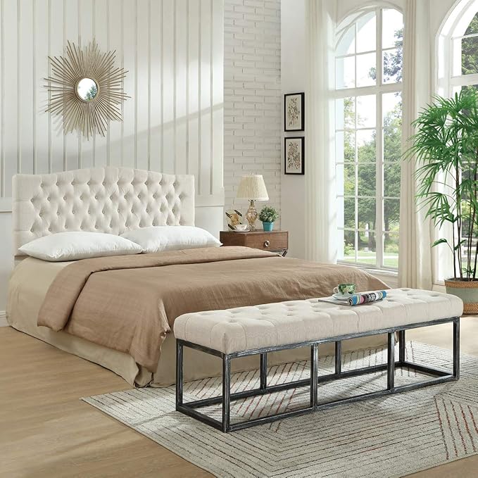 24KF Upholstered Tufted Long Bench with Metal Frame Leg, Linen Bench Ottoman with Padded Seat-Ivory