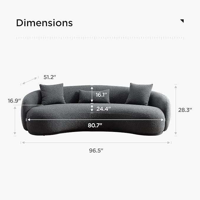 Acanva Mid Century Modern Curved Living Room Sofa, 4-Seat Boucle Fabric Couch for Bedroom, Office, Apartment, Grey