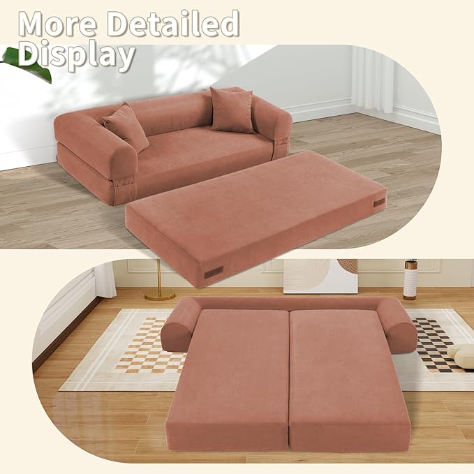 80" Convertible Sofa Bed, Corduroy Deep Seat Folding Pull Out Couch with Pillows, No Assembly Modern Boneless Couch Compression Sofa in Box, Floor Sofa with Storage Pocket for Living Room,Pink
