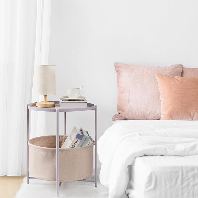danpinera Round Side Table with Fabric Storage Basket, Metal Side Table Small Bedside Nightstand with Removable Tray Top for Living Room, Bedroom, Nursery, Laundry, Light Violet