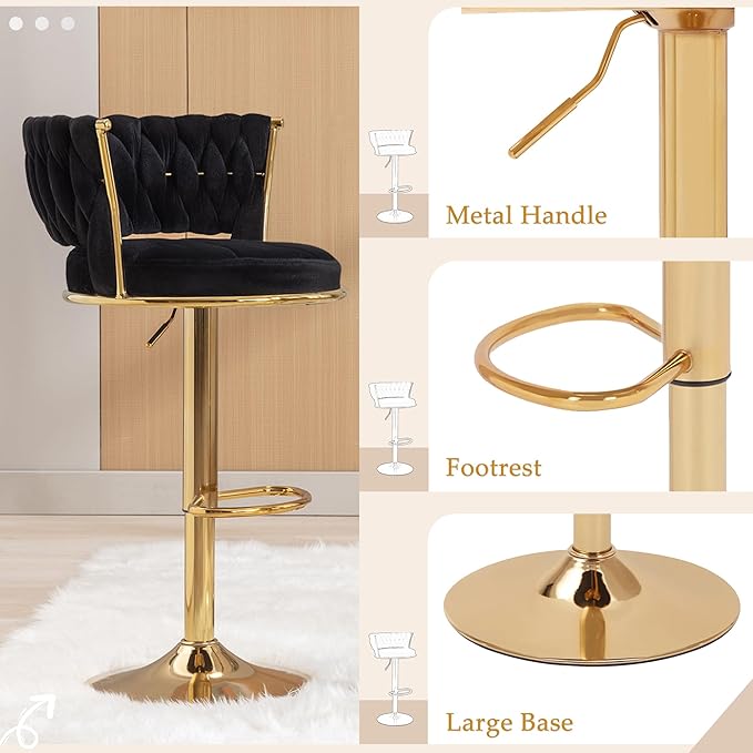 VECELO Bar Stools Set of 2, Adjustable Barstools Counter Height Stools with Back and Arm, Velvet Woven Kitchen Island Stools w/Gold Metal Leg & Base, 360° Swivel Bar Chair for Pubs Dining Room, Black