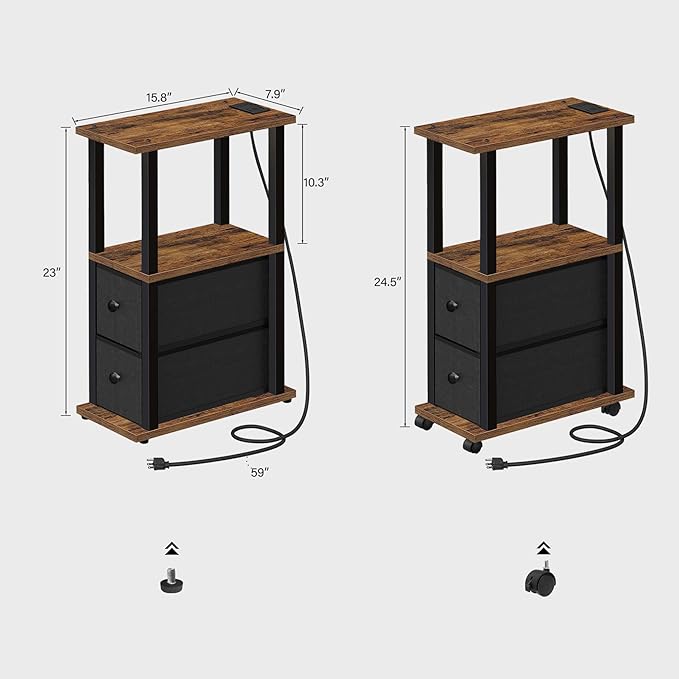 TUTOTAK Small Narrow End Tables, Side Tables with 2 Fabric Drawers, Set of 2, Bedside Tables with Charging Station for Small Spaces, Slim Nightstands with USB Ports and Wheels, TB01BB053