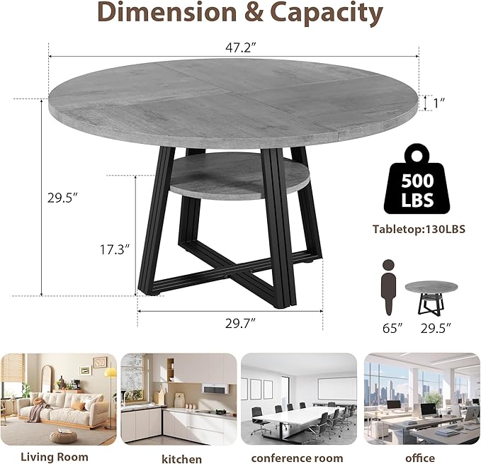 GarveeHome Round Dining Table for 4-6, 47.2" Farmhouse Kitchen Table with Storage, Circle Dinner Tables for Kitchen, Dining Room, Living Room, Meeting Room, Apartment, Grey