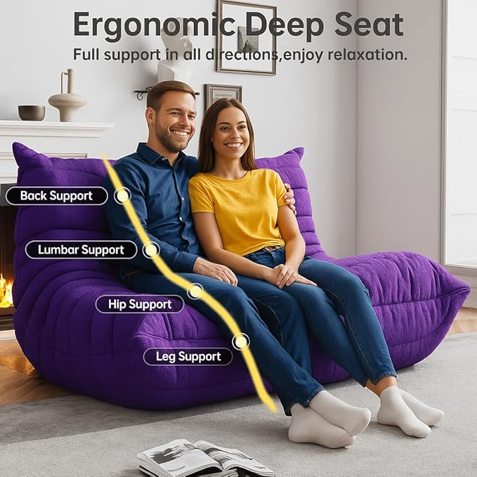 Bean Bag Chairs for Adults, Memory Foam Couch Loveseat Sofa Chair, Soft Teddy Material Cozy Comfy Reading Nook Chairs, Floor Chair for Living Room Bedroom Office(Purple)