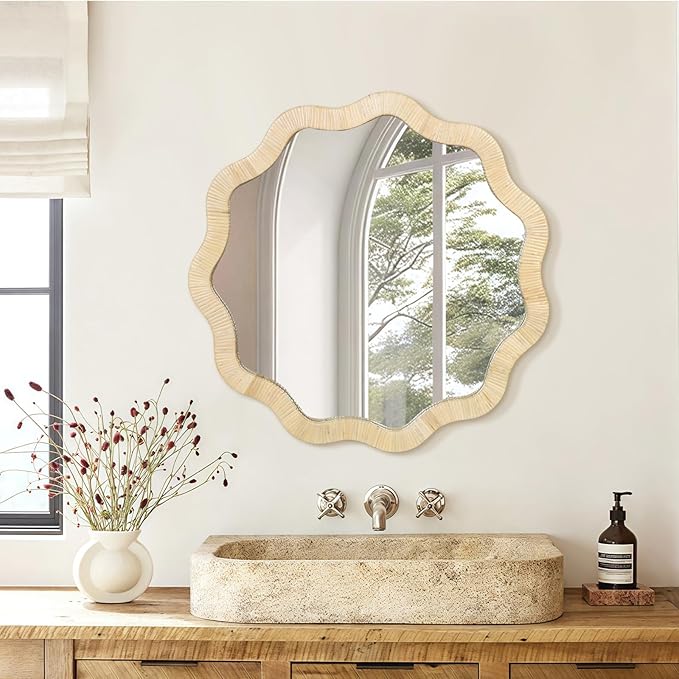 ULIKE Rattan Mirror for Wall, Bathroom 30 Inch Rustic Farmhouse Wall Decor with Handmade Wicker Frame, Boho Woven Mirror for Nursery Bedroom Living Room Entryway