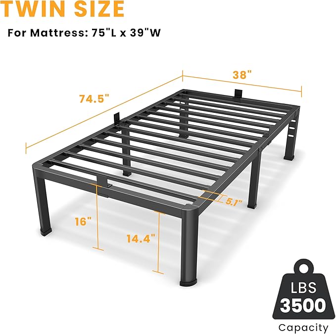 16 Inch Twin Size Metal Platform Bed Frame with Round Corners, Storage Space Under High Bed Frame-Heavy Duty Steel Slats Support, Noise Free - Easy Assembly - No Box Spring Needed
