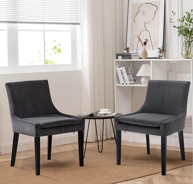 COLAMY Modern Dining Chairs Set of 2, Upholstered Corduroy Accent Side Leisure Chairs with Mid Back and Wood Legs for Living Room/Dining Room-Grey