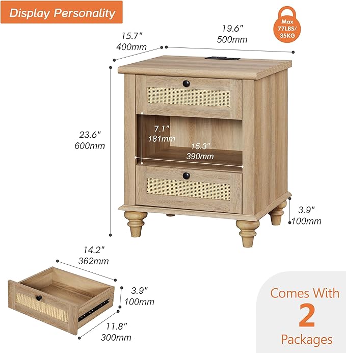 WAMPAT Set of 2 Rattan Night Stands Side Tables with Charging Station, Wood End Table for Living Room with Drawers & Shelf, Farmhouse Bedside Table Nightstand for Bedroom, Oak
