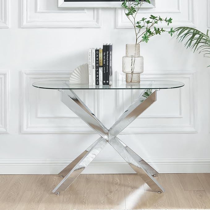 Modern Glass Oval Console Table, Entryway Hallway Narrow Sofa Table, Entrance for Entryway, Living Room, Foyer, Hallway, Office, 45" Lx18 Wx30 H Silver
