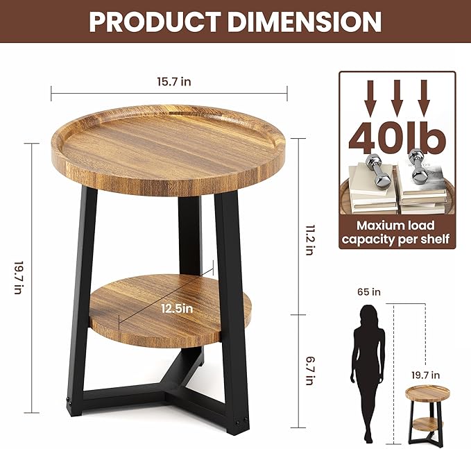 PPAMAPIC Round End Table, 2 Tier Side Table with Storage Shelf, Nightstand Accent Table for Living Room Bedroom Small Space, Black Metal Frame, 15.7" D x 19.7" H, Rustic Brown