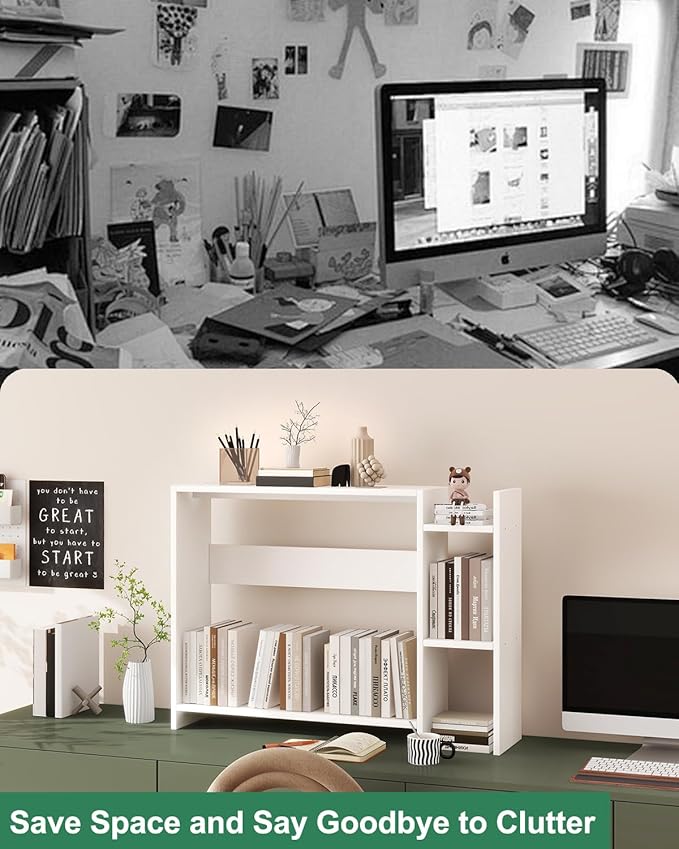 IBUYKE Desktop Bookshelf,36.8" Desktop Organizer Shelf,Wood Desk Hutch for Computer Monitor,Display Shelf for Office Home Dormitory,White TMZ008W