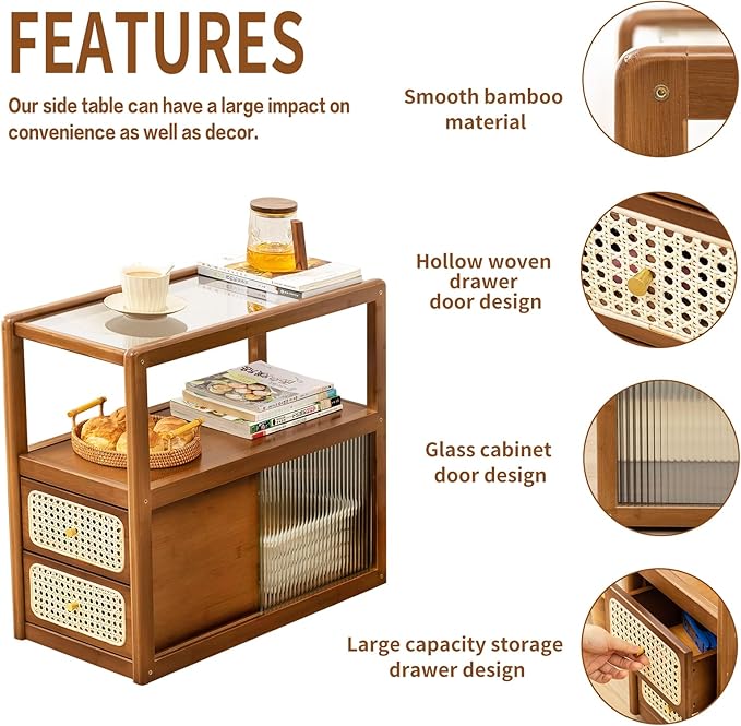 Tiita Rattan Nightstand Side Table, Bamboo Accent Bedside Tables, Glass Coffee Tables, Boho Wooden End Table with Storage for Small Space, Living Room and Bedroom