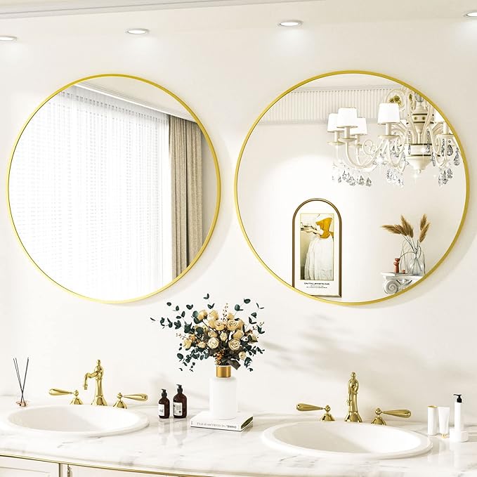 Round Mirror 23.6" Gold Wall Mounted Circle Mirrors Vanity Mirror with Aluminum Alloy Frame Modern Decoration for Bathroom, Living Room, Vanity, Bedroom, Entryway