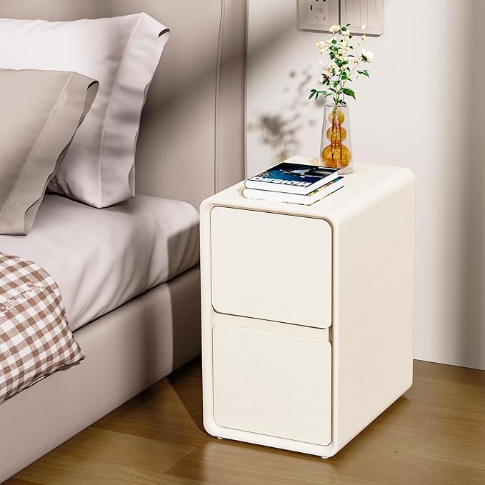 VICITON Modern Narrow Faux Leather Nightstand, Solid Wood Drawer, Storage Accent Table, Small Side End Table for Bedroom (Cream White, Nomal(12 inch))