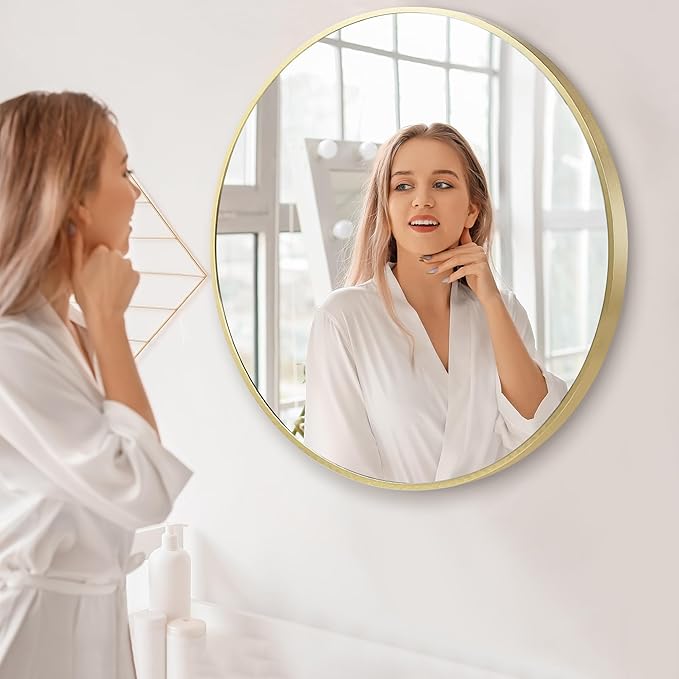 28 inch Gold Frame Mirror for Wall, Brushed Matte Gold Metal Round Mirror for Bathroom Vanity, Bedroom Decor, Living Room, Entryway