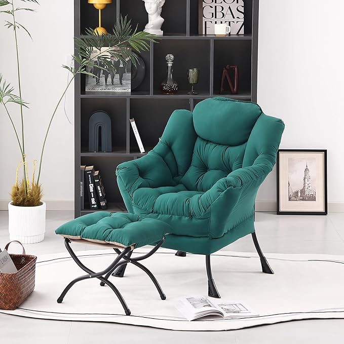 Lazy Chair with Folding Ottoman, Modern Accent Lounge Armchair with Armrests and a Side Pocket & Foldable Footstool, Leisure Reading Chair for Living Room, Bedroom, Dorm & Office, Dark Green