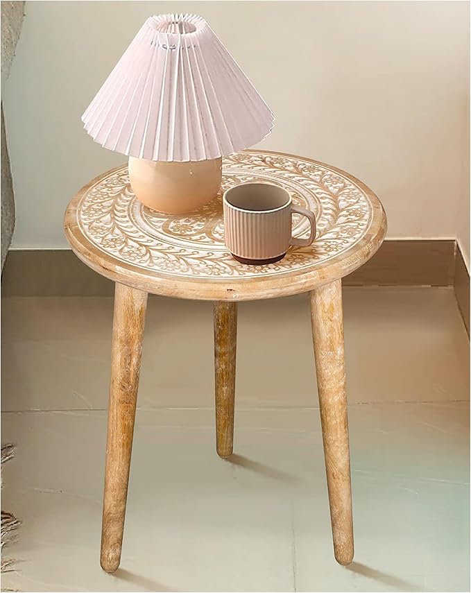 Wooden Table with 3 Legs Pillar, Carving End Tables, Round Coffee Tables, Entryway Table, Coffee Table for Livingroom, Books and Plants - 18"x22" - White Wash