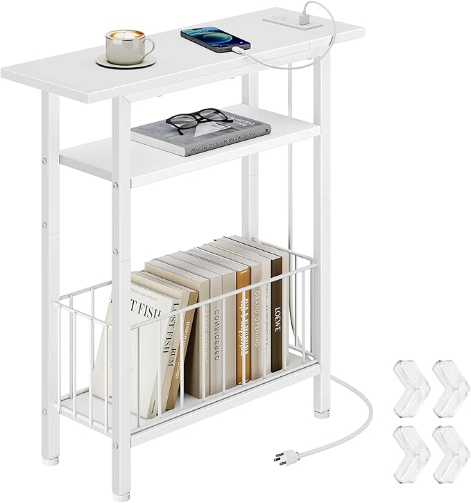 Vagusicc Narrow Side Table with Charging Station, Skinny Side End Table for Couch, 3-Tier Small End Tables for Small Spaces, 25.2" Tall Slim Nightstand Bedside Table for Living Room, Bedroom, White