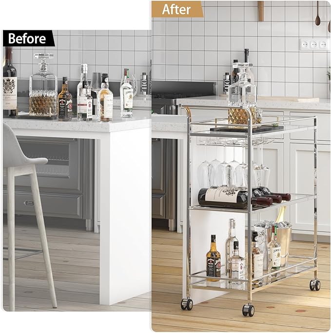 Bar Cart Silver, Home Bar Serving Cart, Modern Bar Cart with 3-Tier, Mobile Kitchen Shelf with Wine Rack and Glass Holder, Bar Carts for The Home, Dining Room, Living Room