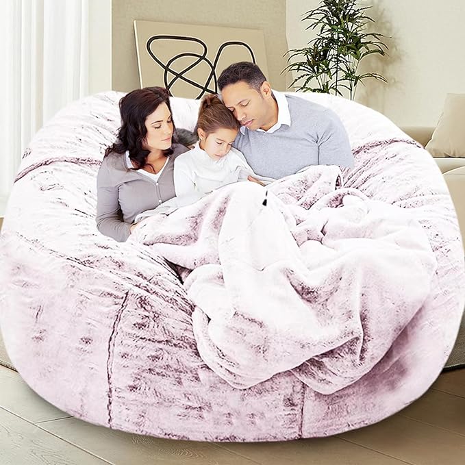 Bean Bag Chairs for Kids Comfy Fluffy Big Bean Bag Chair Cover Without Filler Round Sofa Chairs for Bedroom Living Room Decor, 5FT, Silver Pink