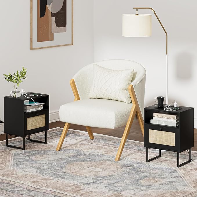 Masupu Extra Large Rattan Nightstand,Boho Night Stand Modern Farmhouse Wood Bedside Table with Storage Drawer and Open Shelf,Side End Table for Bedroom,Living Room,Black
