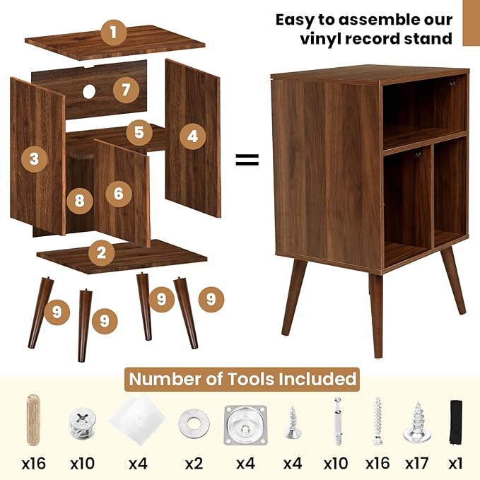 Record Player Table – 20 x 15.75 x 32 Inches- Vintage Decor Side Table with Wood Legs, Record Holder Stand - Walnut Finish Retro Furniture Storage Cabinet for Living Room, Bedroom, Kitchen