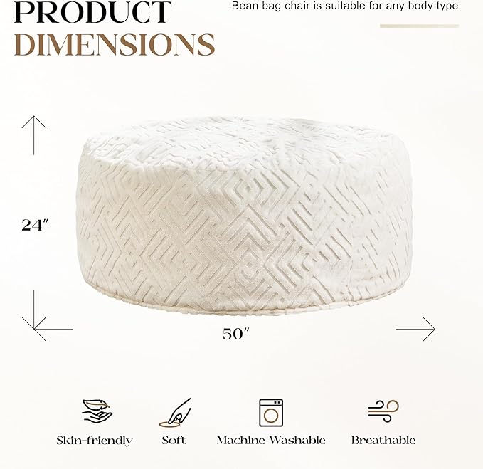 Hobestluk Bean Bag Chairs Adults Beanbag Chair with Filler Large Bean Bags with Fluffy Embossed Cover, Giant Bean Bag Chairs for Adults (White, 5FT - 50” x 50” x 24”)