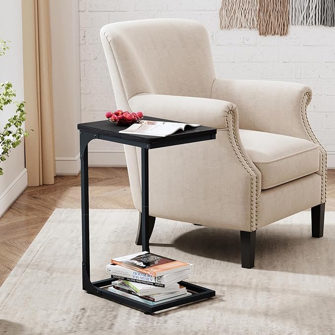 QEEIG C Table Side Table Living Room C Shaped Couch Tray End Table Modern 1 Pack, Black (017-30BN-1)