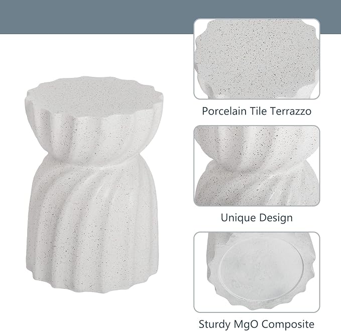 COSIEST Set of 2 Outdoor Side Table, 19" Concrete Contemporary Lightweight Side Table,Patio End Accent Table, Modern Stool Table for Livingroom,Garden,Patio,Spotted White