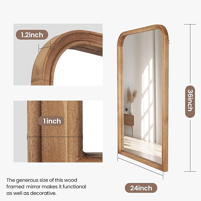 24"x36" Solid Wood Bathroom Mirror Tempered Glass for Wall Mounted, Rustic Wood Frame Wall Mirror Decorative for Bedroom Living Room Vanity Mirror Entryway Mirror, Brown