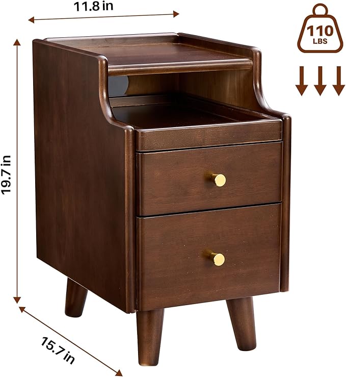 Uniclinens Narrow Nightstand with Drawers, Small Slim Solid Wood Bedside Table for Bedroom, Modern End/Side for Living Room, Walnut