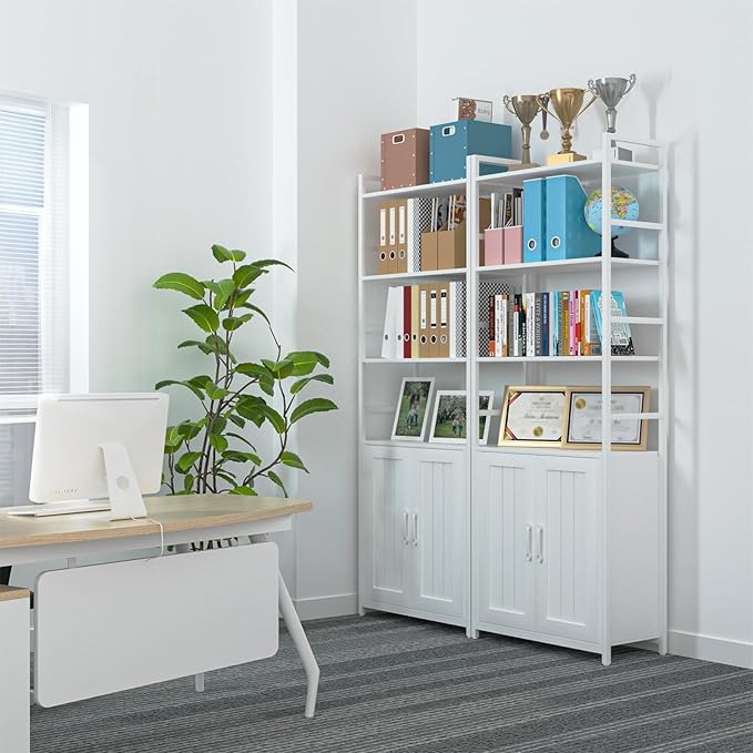 White Bookshelf with Doors,70" Tall Bookcase with Storage Cabinet,6 Tier Book Shelf for Living Room/Bedroom/Home Office/Kitchen,70"(H)*26"(L)*11.8"(W)