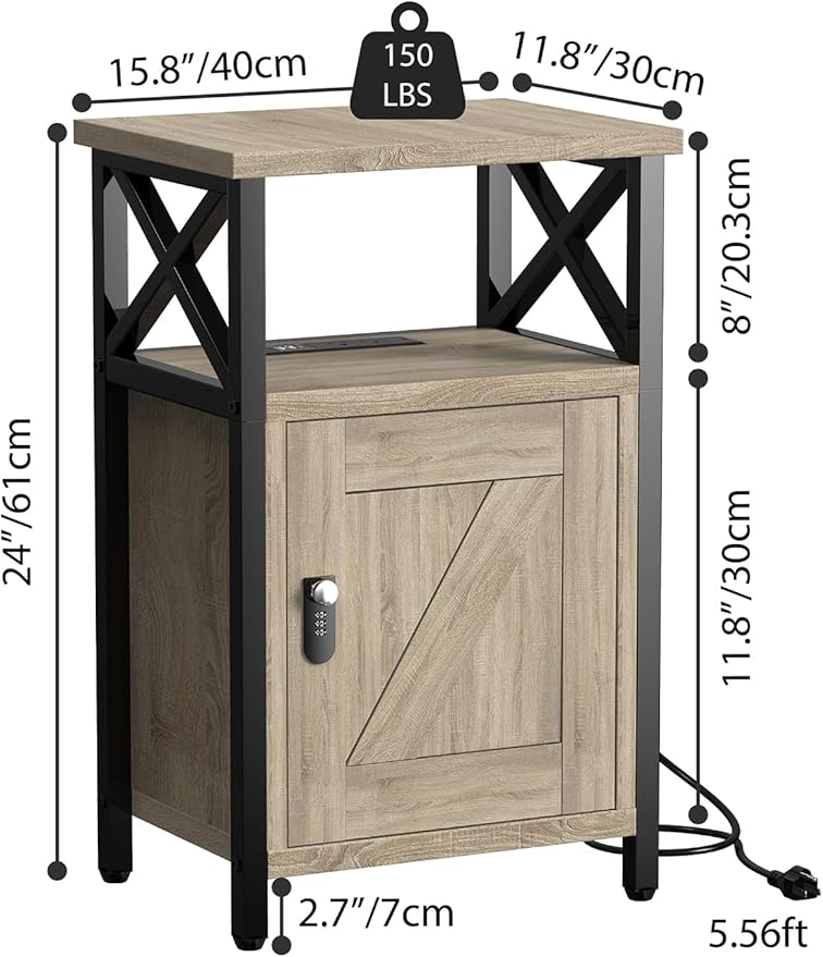 Wooden Nightstand with Lock, Bed Side Table with Drawers, Bedside Table with Charging Station, 3 USB & 2 Outlets, Night Stand with Storage, End Tables for Living Room, Bedroom, Greige