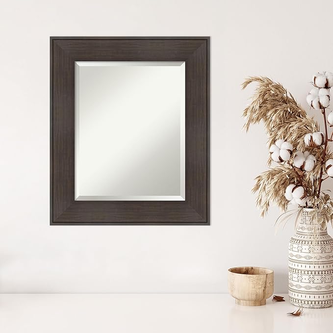 Amanti Art Brown Wall Mirror 26x22 William Rustic Woodgrain Rectangle Bathroom Mirror for Wall Decor Living Room, Small Classic Frame, Hangs Horizonally and Vertically, Bathroom Decor, Beveled Edge