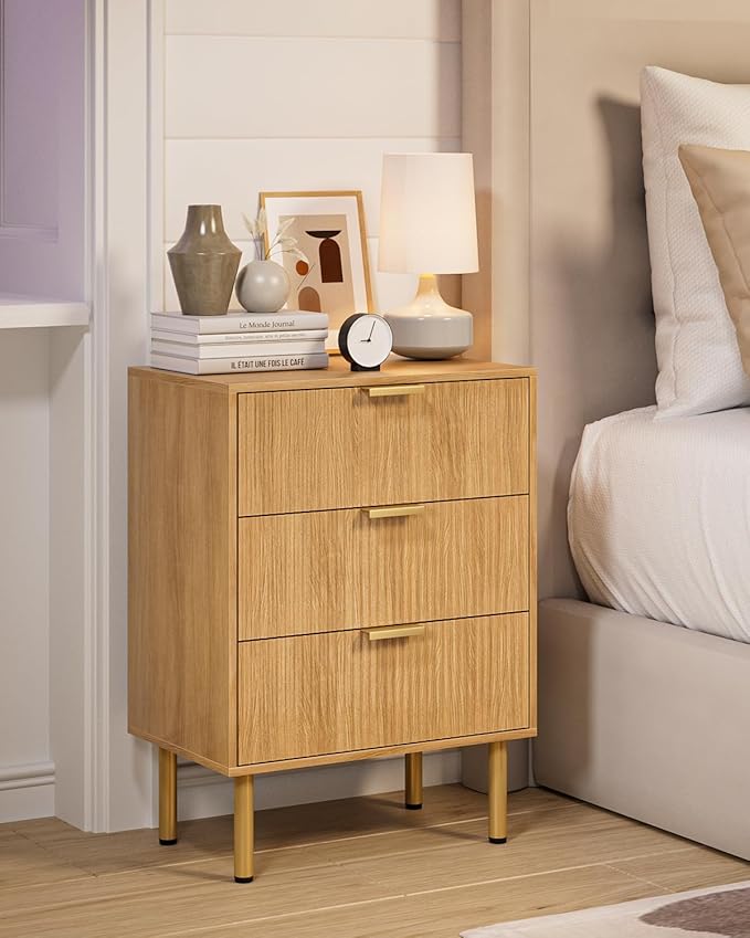 Night Stand,Tall Bedside Table with 3Storage Drawers,Oak Nightstand,Bedside Furniture,Side Table with Gold Frame,End Table for Bedroom,Living Room