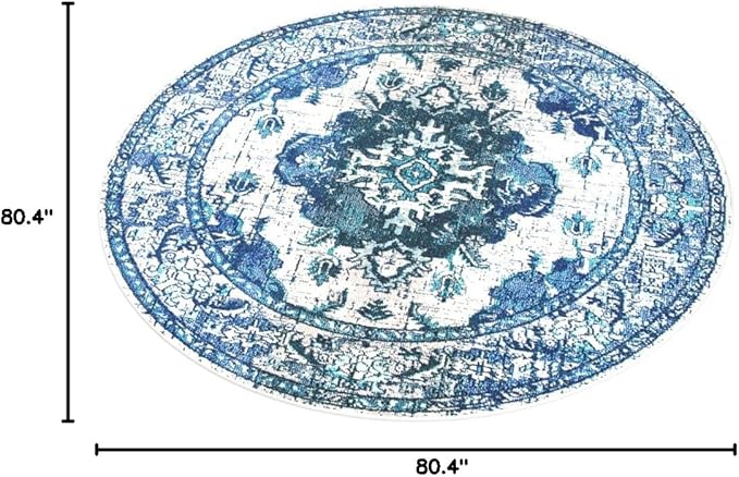 SAFAVIEH Monaco Collection 6'7" Round IvoryBlue MNC243A Boho Chic Medallion Distressed Non-Shedding Living Room Dining Bedroom Foyer Area Rug
