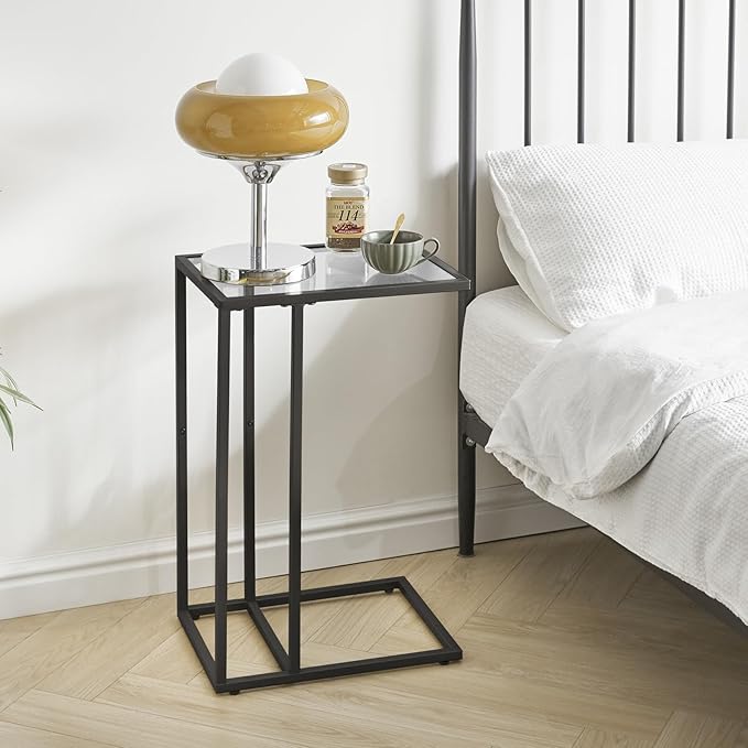 YMYNY C-Shaped End Table, Tempered Glass Sofa Side Table, nightstand for Small Place,Coffee Table for Hallway Office Bedroom Living Room, Metal Frame, Black, 24.8 * 15.75 * 11.8" UHGD001B