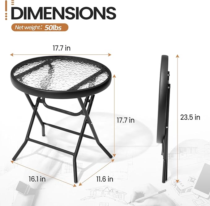 Foldable Side Table with Tempered Glass Top 18" Outdoor Folding Side Tables Small Glass Patio Table for Porch Yard Balcony Deck Lawn Dining Garden (Black)