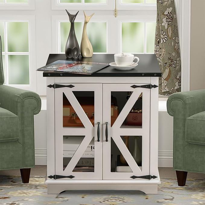 Farmhouse End Table, 24" Large End Tables with Storage, Rustic Square Sofa Beside Table with Glass Barn Door, Wood Side Table Square Nightstand for Living Room, Bedroom, Office (White)