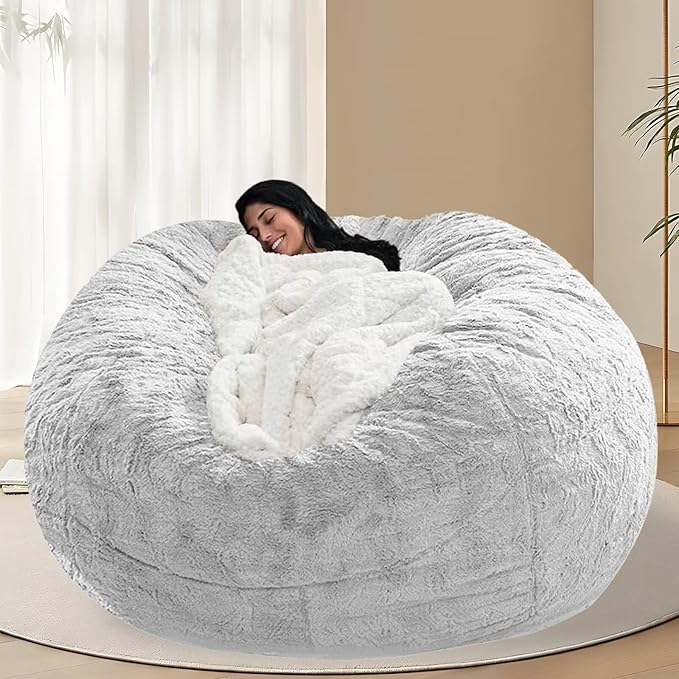 BCU 6FT Bean Bag Chair for Adults and Kids Without Filler Giant Stuffed Animal Storage Cover Soft Faux Fur Floor Chair Cover for Bedroom Living Room, Silver White