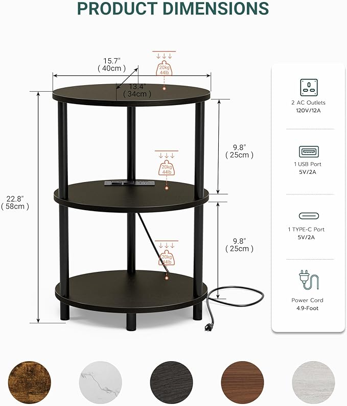 Small Round Side Table - 3-Tier Oval Accent Table for Small Spaces, Rustic Wood and Metal Nightstand for Living Room or Bedroom, Built-in USB Ports and Power Outlet, Charcoal Wenge