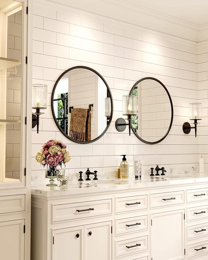 Growsun 24'' Black Round Mirror, Circle Wall Mirror for Bathroom Vanity, Entryway Living Room with Metal Frame for Home Decor