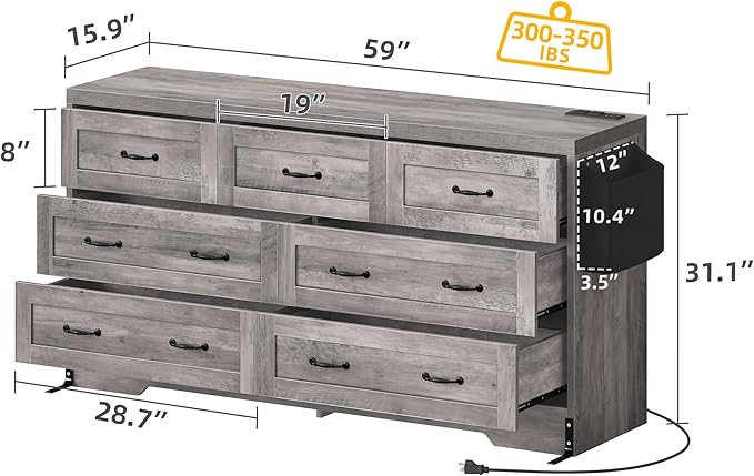 YITAHOME Grey Drawers TV Stand for 65 inches with Power Outlets -Chest of Drawers Dresser with Side Organizer Bag Entertainment Center TV Console